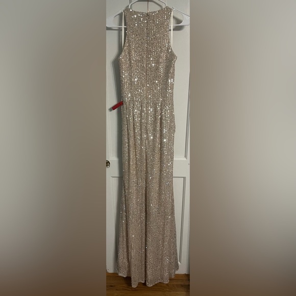 Ieena for Mac Duggal SEQUINED HIGH NECK SIDE KNOT GOWN in nude silver - Picture 7 of 11